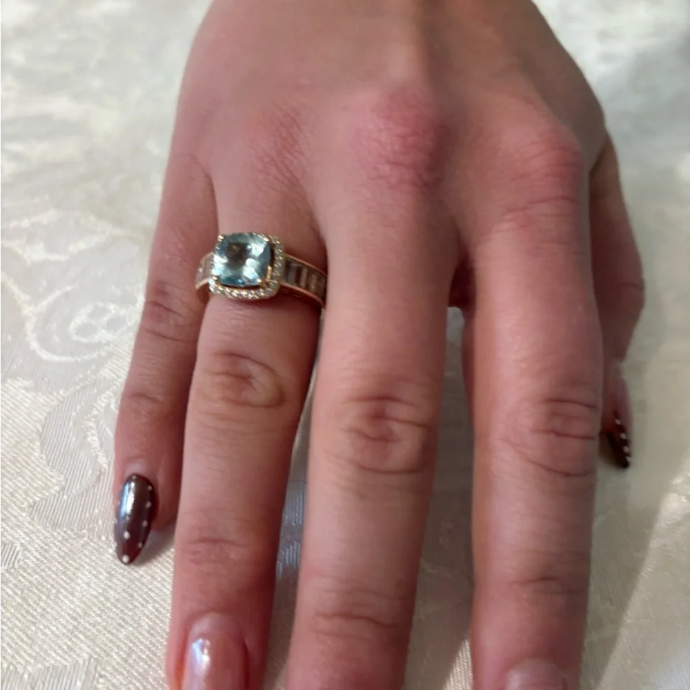 LeVian 14k Strawberry Gold Ring Blue stone surrounded by Diamonds & Baguettes - Picture 2 of 11